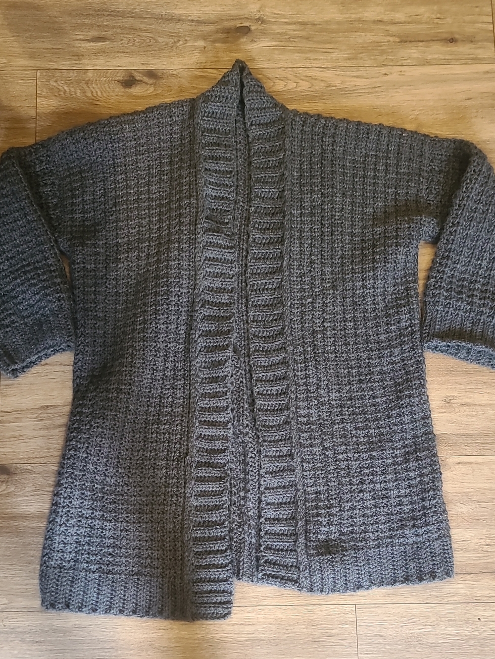 Handmade Heavyweight Crochet Open Front Sweater Dark Grey Cardigan Large